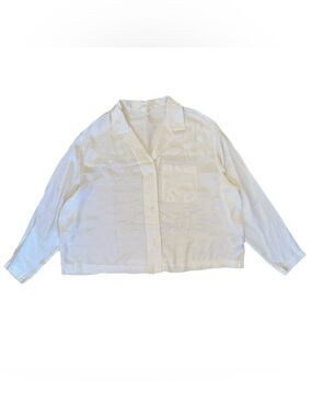 H&M Women Sz L Long Sleeve Cream Blouse Viscose Pocket V-Neck Button Up